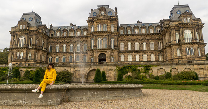 blogger Tasha sat outside the front of The Bowes Museum